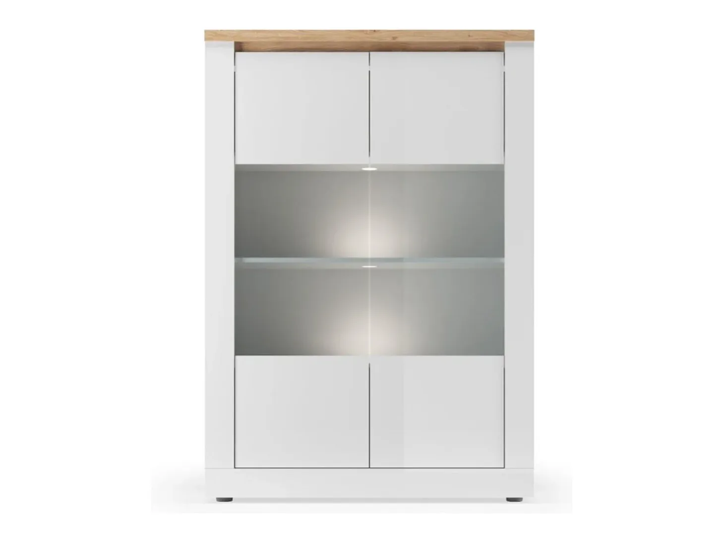 Vitrina SASHA – 2 puertas acristaladas +3 estantes con LED integrado – Blanco lacado y Roble Cadiz