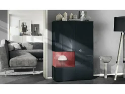 Vitrina Vladon Morena V2, vitrina de pie con 2 puertas e inserción de cristal, carcasa negro mate, frentes negro de alto brillo, Cube burdeos de alto brillo