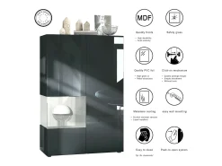 Vitrina Vladon Morena V2, vitrina de pie con 2 puertas e inserción de cristal, carcasa negro mate, frentes negro de alto brillo, Cube burdeos de alto brillo