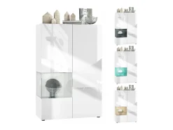 Vitrina Vladon Morena V2, vitrina de pie con 2 puertas e inserción de cristal, carcasa blanco mate, frentes blanco de alto brillo, cubo hormigón oxidado