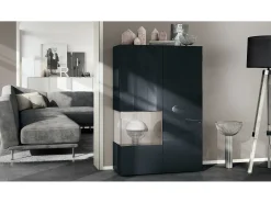 Vitrina Vladon Morena V2, vitrina de pie con 2 puertas e inserción de cristal, carcasa negro mate, frentes negro de alto brillo, Cube gris arena de alto brillo