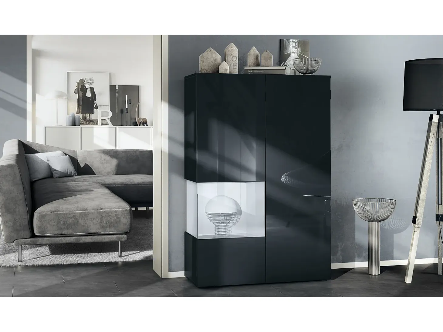 Vitrina Vladon Morena V2, vitrina de pie con 2 puertas e inserción de cristal, carcasa negro mate, frentes negro de alto brillo, Cube blanco mate