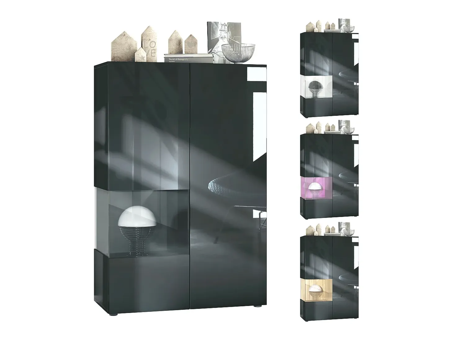 Vitrina Vladon Morena V2, vitrina de pie con 2 puertas e inserción de cristal, carcasa negro mate, frentes negro de alto brillo, Cube blanco mate