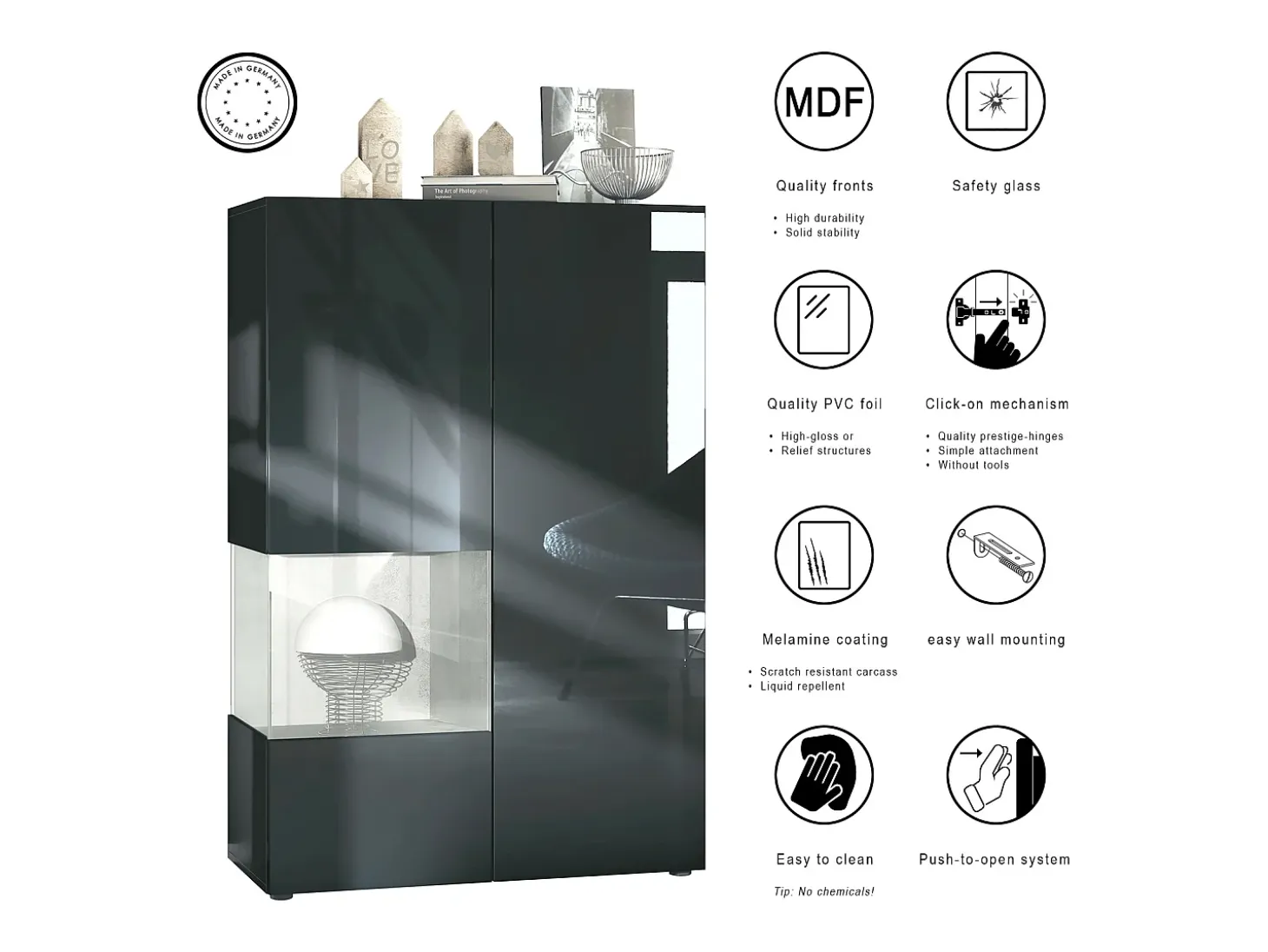 Vitrina Vladon Morena V2, vitrina de pie con 2 puertas e inserción de cristal, carcasa negro mate, frentes negro de alto brillo, Cube blanco mate