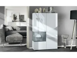 Vitrina Vladon Morena V2, vitrina de pie con 2 puertas e inserción de cristal, carcasa blanco mate, frentes blanco de alto brillo, cubo gris de alto brillo