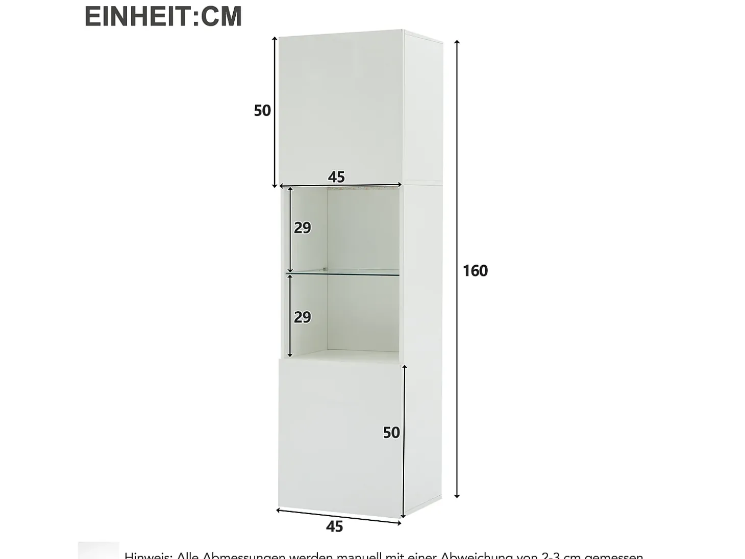 Vitrina 45x35x160 cm - con 2 puertos - con iluminación LED - 1 estante de vidro - blanco