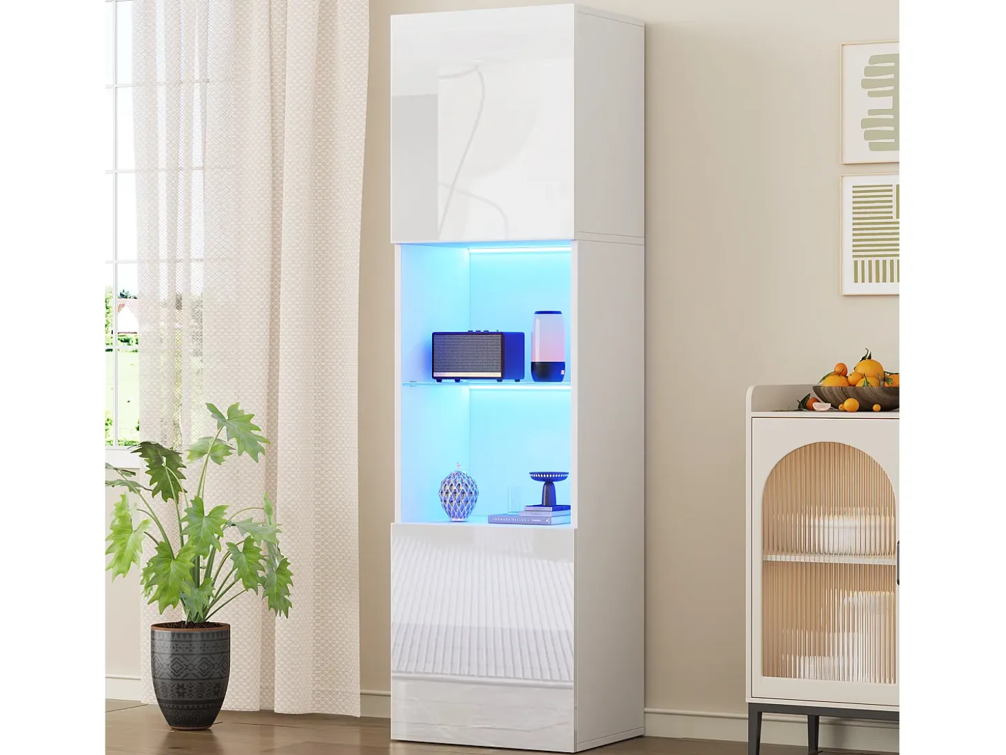 Vitrina 45x35x160 cm - con 2 puertos - con iluminación LED - 1 estante de vidro - blanco