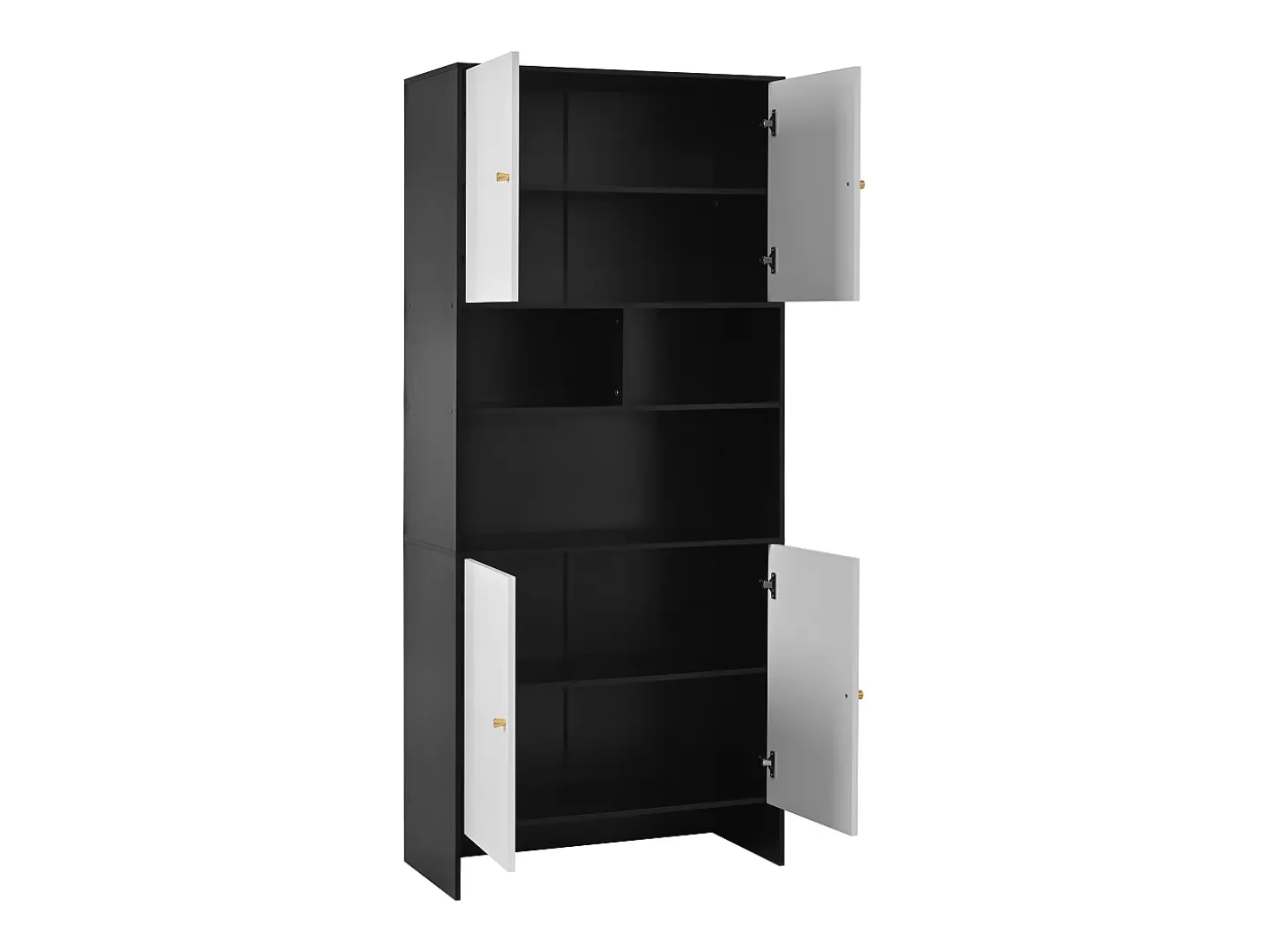 Vitrina 80x40x185cm - con iluminación LED - con 4 puertas y 3 compartimentos de almacenamiento abiertos - Blanco + Negro