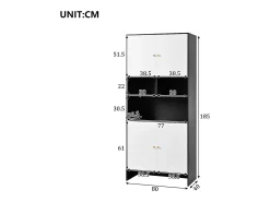 Vitrina 80x40x185cm - con iluminación LED - con 4 puertas y 3 compartimentos de almacenamiento abiertos - Blanco + Negro