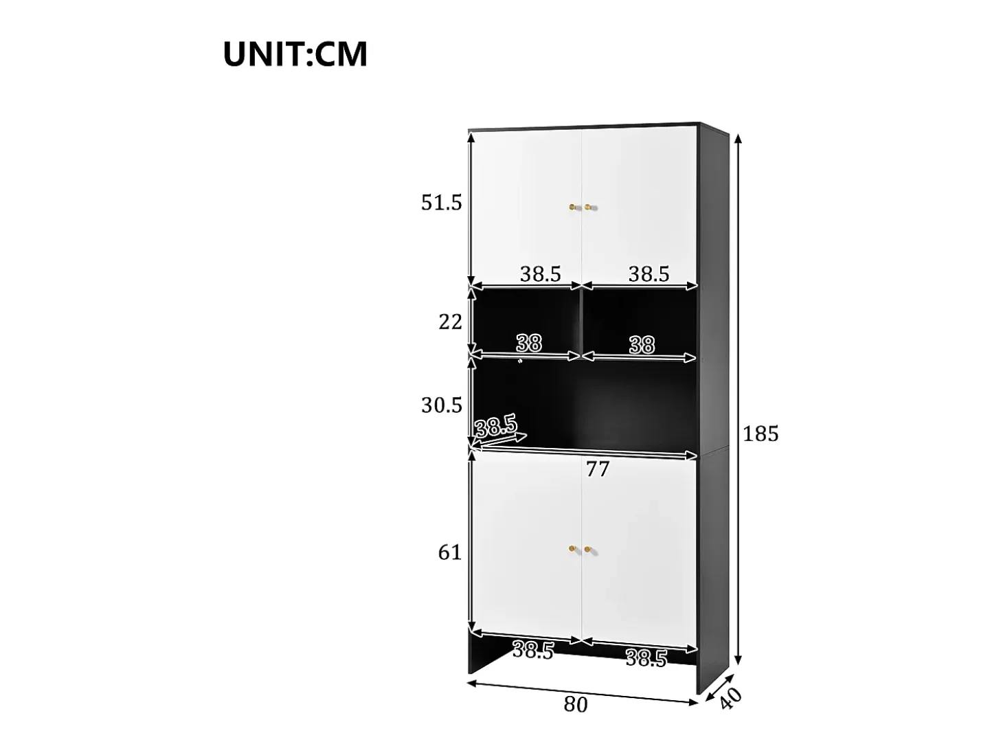 Vitrina 80x40x185cm - con iluminación LED - con 4 puertas y 3 compartimentos de almacenamiento abiertos - Blanco + Negro