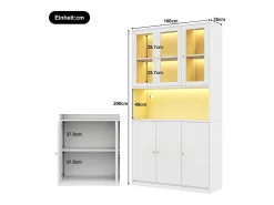 Vitrina/estantería de vidrio 100×35×200 cm - con iluminación LED - estantes abiertos y 6 puertas - MDF - blanco