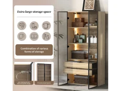 Vitrina、Mueble de baño con LED - 2 cajones grandes y 2 puertas de cristal - Natural