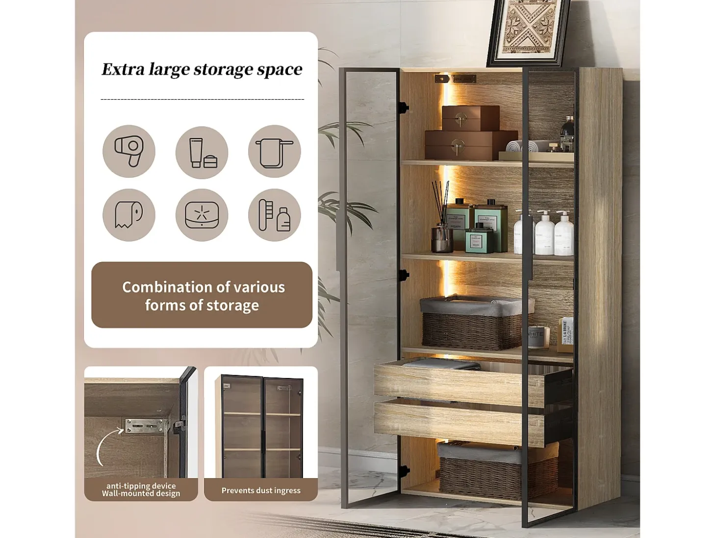 Vitrina、Mueble de baño con LED - 2 cajones grandes y 2 puertas de cristal - Natural