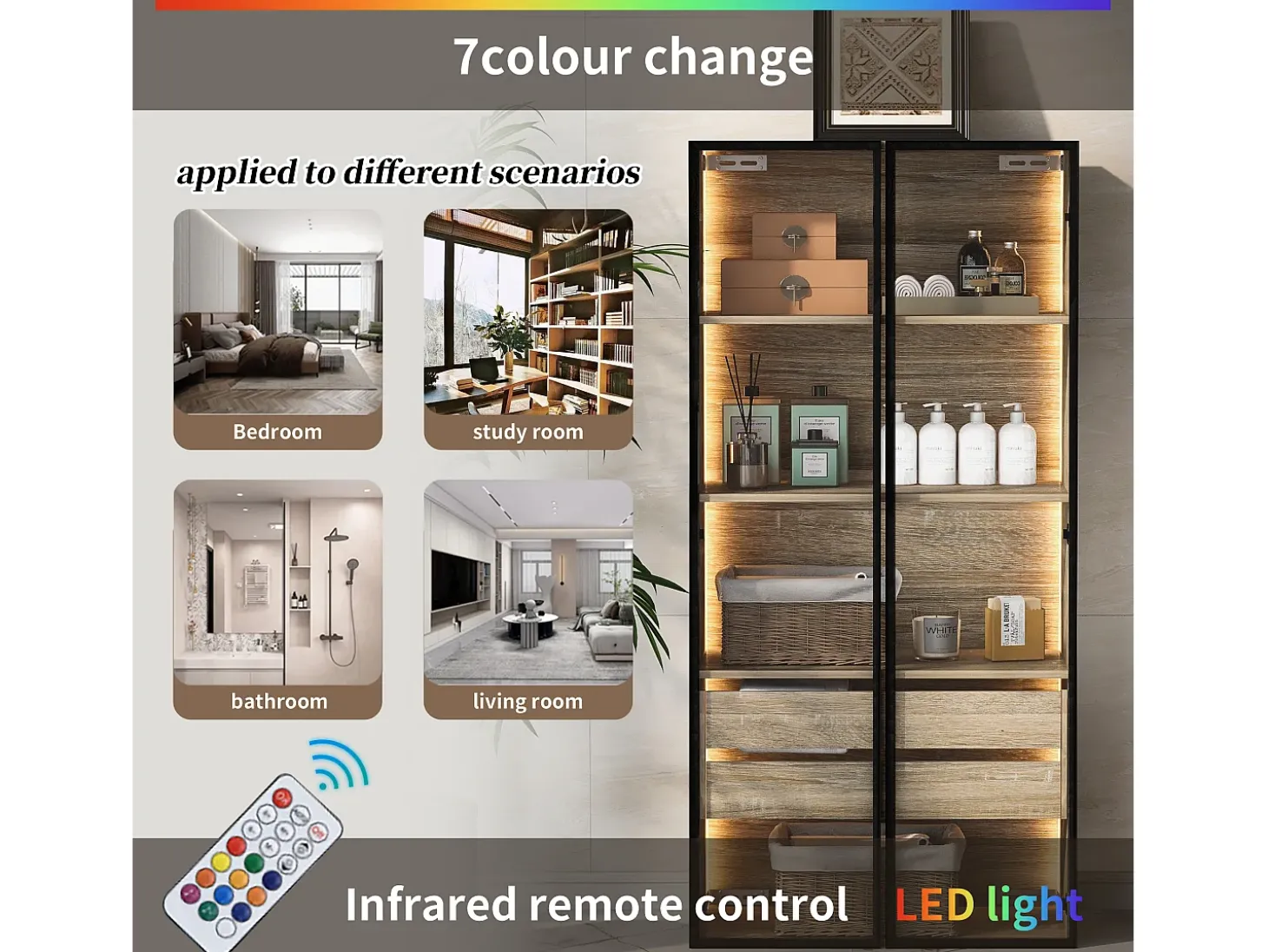Vitrina、Mueble de baño con LED - 2 cajones grandes y 2 puertas de cristal - Natural