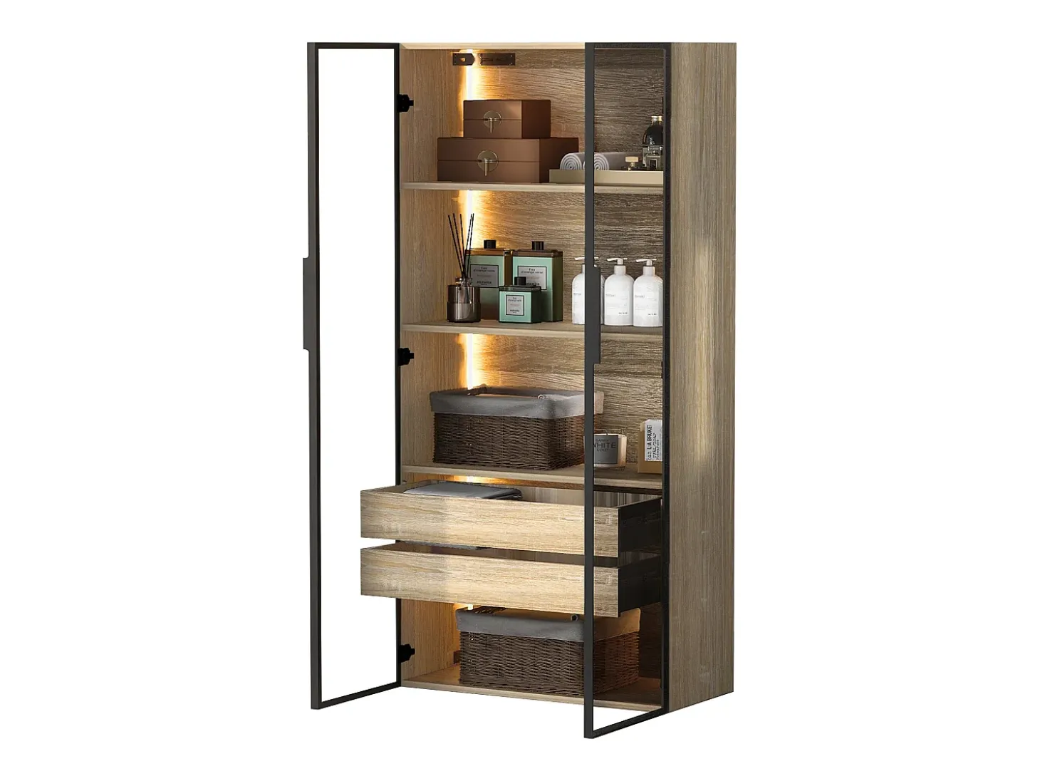 Vitrina、Mueble de baño con LED - 2 cajones grandes y 2 puertas de cristal - Natural