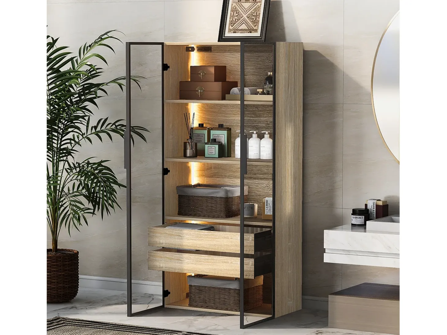 Vitrina、Mueble de baño con LED - 2 cajones grandes y 2 puertas de cristal - Natural