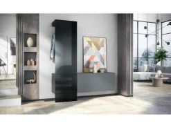 Vladon Mueble recibidor Carlton Set 4, Mueble de entrada compuesto por 1 Perchero, 1 Zapatero, antracita mate/negro de alto brillo (156,5 x 193 x 35 cm)