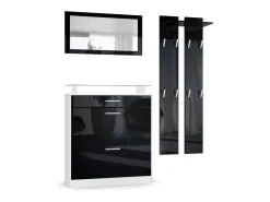 Vladon Mueble recibidor Loret mini, Mueble de entrada compuesto por 1 Zapatero, 1 Espejo de pared y 2 Percheros, Blanco mate/Negro de alto brillo