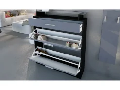 Vladon Mueble recibidor Loret mini, Mueble de entrada compuesto por 1 Zapatero, 1 Espejo de pared y 2 Percheros, Negro mate/Gris arena de alto brillo