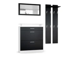 Vladon Mueble recibidor Loret mini, Mueble de entrada compuesto por 1 Zapatero, 1 Espejo de pared y 2 Percheros, Blanco mate/Negro mate