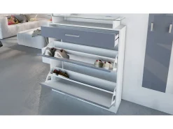 Vladon Mueble recibidor Loret mini, Mueble de entrada compuesto por 1 Zapatero, 1 Espejo de pared y 2 Percheros, Blanco mate/Negro mate