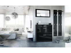 Vladon Mueble recibidor Loret mini, Mueble de entrada compuesto por 1 Zapatero, 1 Espejo de pared y 2 Percheros, Negro mate/Negro de alto brillo