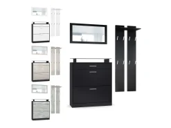 Vladon Mueble recibidor Loret mini, Mueble de entrada compuesto por 1 Zapatero, 1 Espejo de pared y 2 Percheros, Negro mate/Hormigón oxidado