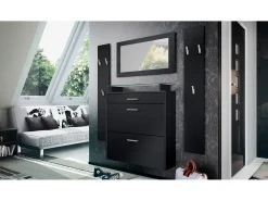 Vladon Mueble recibidor Malea, Mueble de entrada compuesto por 1 Zapatero colgante, 1 Espejo de pared y 2 Percheros, Negro mate/Negro mate