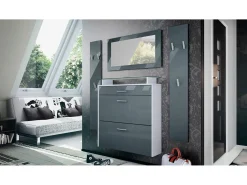 Vladon Mueble recibidor Malea, Mueble de entrada compuesto por 1 Zapatero colgante, 1 Espejo de pared y 2 Percheros, Blanco mate/Gris de alto brillo