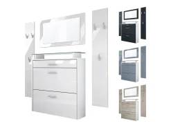Vladon Mueble recibidor Malea, Mueble de entrada compuesto por 1 Zapatero colgante, 1 Espejo de pared y 2 Percheros, Blanco mate/Gris de alto brillo