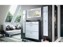 Vladon Mueble recibidor Malea, Mueble de entrada compuesto por 1 Zapatero colgante, 1 Espejo de pared y 2 Percheros, Antracita mate/Blanco de alto brillo