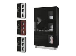 Vladon Vitrina Denjo, Cristalera con 2 Puertas y 3 Estantes de cristal, Negro mate/Negro de alto brillo, incluida iluminación LED (71 x 129 x 35 cm)