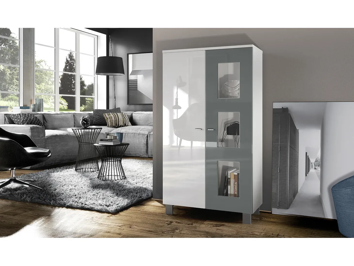 Vladon Vitrina Denjo, Cristalera con 2 Puertas y 3 Estantes de cristal, Blanco mate/Blanco de alto brillo/Gris de alto brillo (71 x 129 x 35 cm)