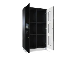 Vladon Vitrina Denjo, Cristalera con 2 Puertas y 3 Estantes de cristal, Negro mate/Negro de alto brillo/Gris de alto brillo (71 x 129 x 35 cm)