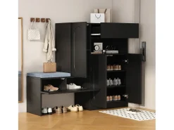 Zapatero 2 en 1 - 130 x 35 x 110 cm - con 3 puertas + banco acolchado - aglomerado - negro