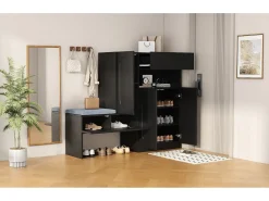 Zapatero 2 en 1 - 130 x 35 x 110 cm - con 3 puertas + banco acolchado - aglomerado - negro