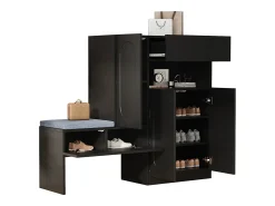Zapatero 2 en 1 - 130 x 35 x 110 cm - con 3 puertas + banco acolchado - aglomerado - negro