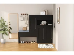 Zapatero 2 en 1 - 130 x 35 x 110 cm - con 3 puertas + banco acolchado - aglomerado - negro