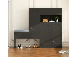 Zapatero 2 en 1 con puertas arqueadas, cierre suave, estantes ajustables y banco acolchado, negro (130 x 35 x 110 cm)