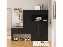 Zapatero 2 en 1 con puertas arqueadas, cierre suave, estantes ajustables y banco acolchado, negro (130 x 35 x 110 cm)