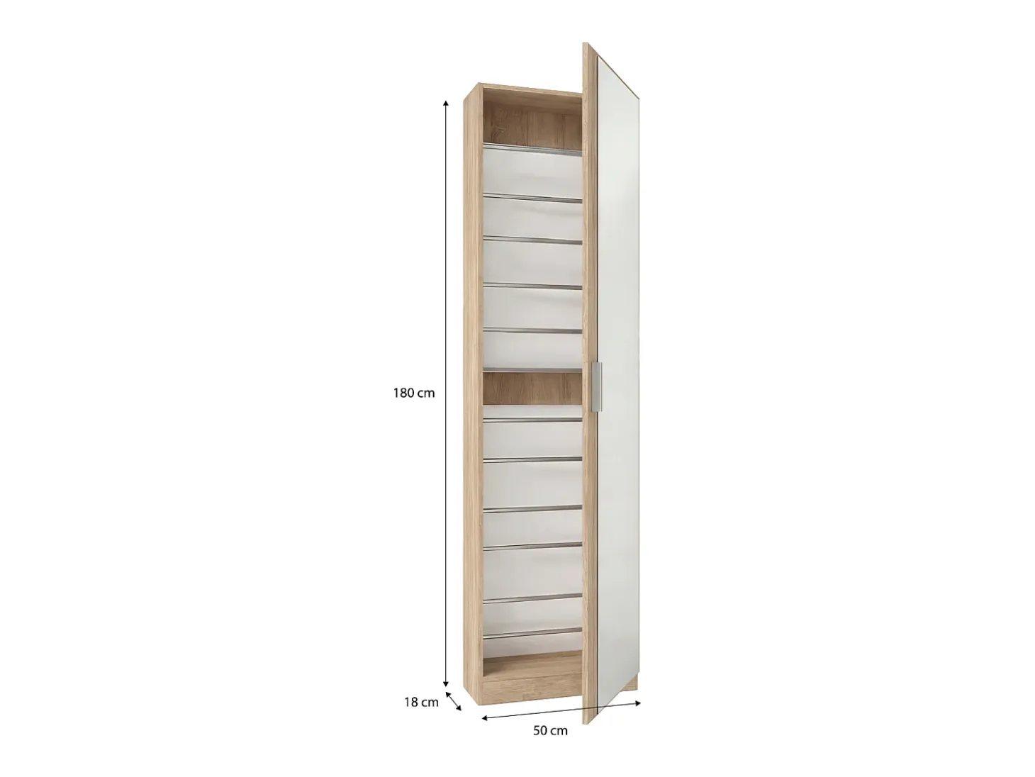 Zapatero alto de 1 puerta con espejo en roble canadian 180x50 cm Roma Roble Canadian
