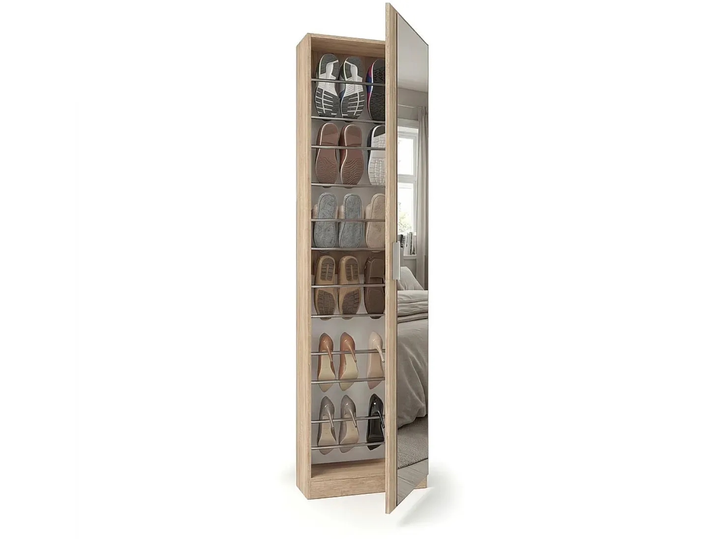 Zapatero alto de 1 puerta con espejo en roble canadian 180x50 cm Roma Roble Canadian