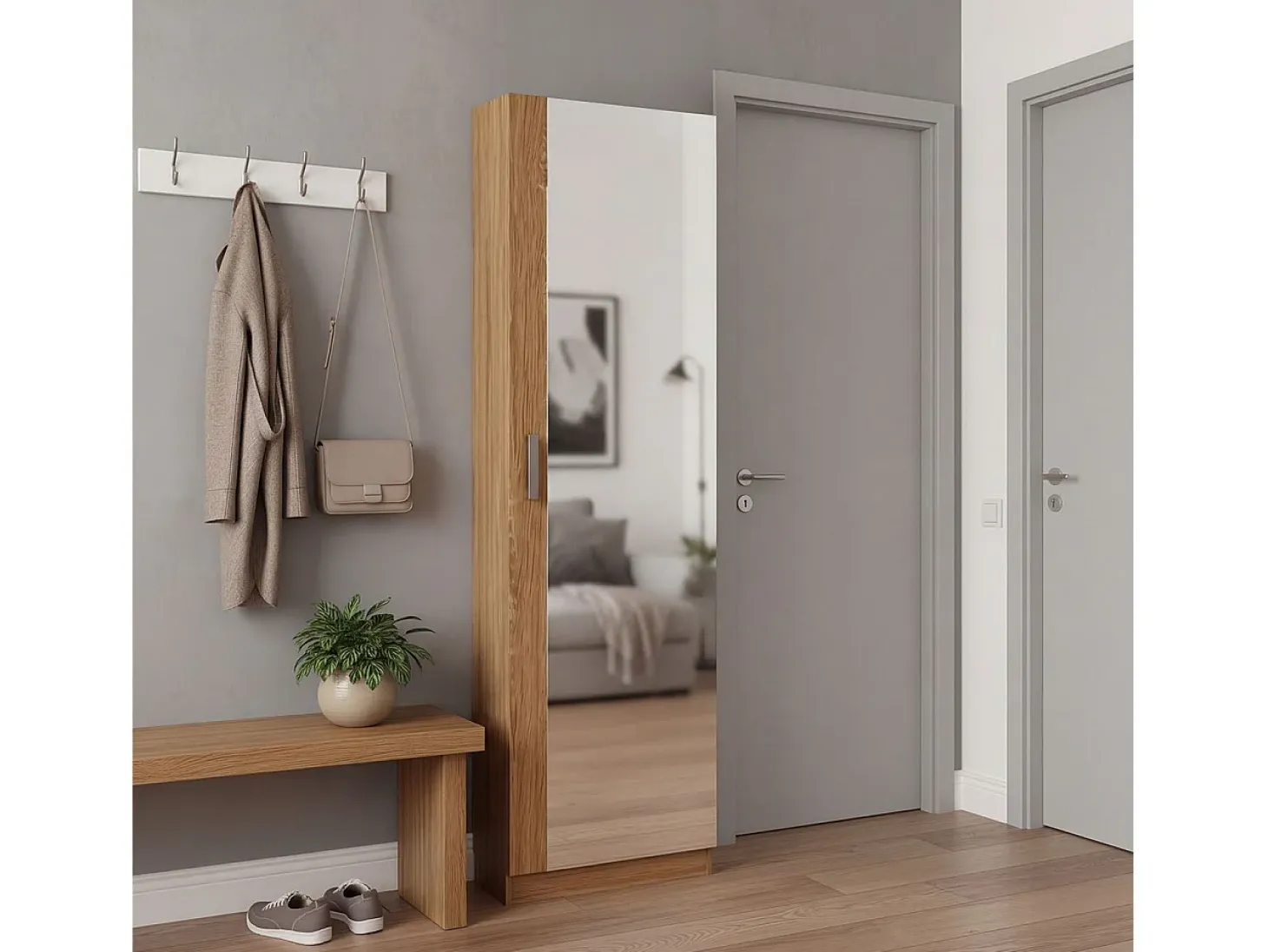 Zapatero alto de 1 puerta con espejo en roble canadian 180x50 cm Roma Roble Canadian