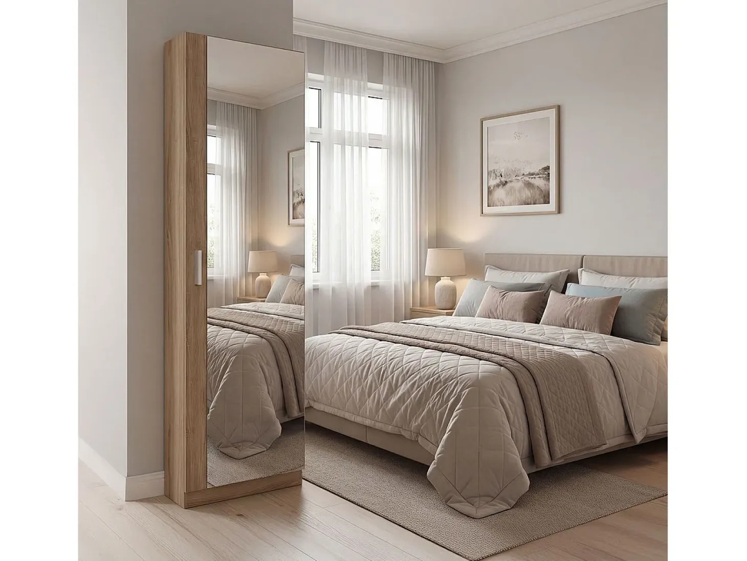 Zapatero alto de 1 puerta con espejo en roble canadian 180x50 cm Roma Roble Canadian