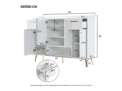 Zapatero blanco con 2 cajones y 4 puertas, tiradores y patas dorados