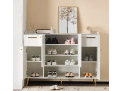 Zapatero blanco con 2 cajones y 4 puertas, tiradores y patas dorados