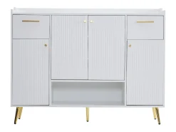 Zapatero blanco con 2 cajones y 4 puertas, tiradores y patas dorados