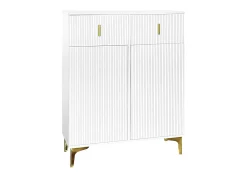Zapatero blanco con cajones, puertas texturizadas, estantes ajustables, tiradores y patas dorados, diseño elegante
