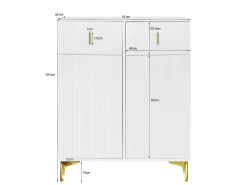 Zapatero blanco con cajones, puertas texturizadas, estantes ajustables, tiradores y patas dorados, diseño elegante