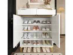 Zapatero blanco con luces LED de 16 colores, diseño moderno con cajones y estantes, para entrada, salón o pasillo